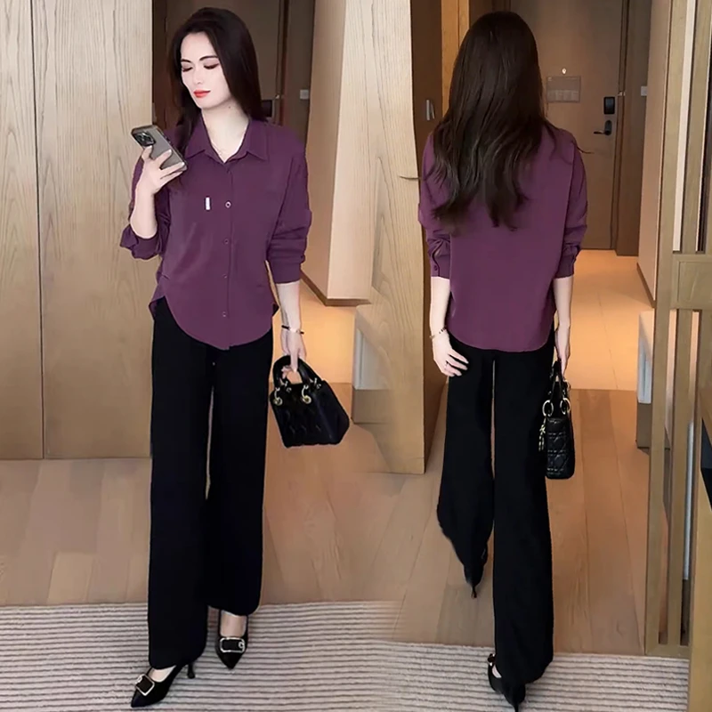 时尚套装气质女秋季新款洋气减龄宽松遮肚子显瘦百搭休闲衬衣上衣