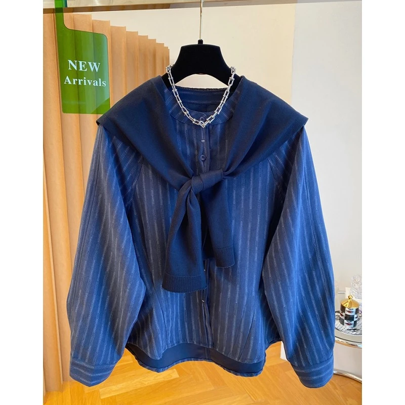 【将军工厂店】披肩蓝色条纹衬衫女宽松减龄学院风秋氛围感穿搭上衣