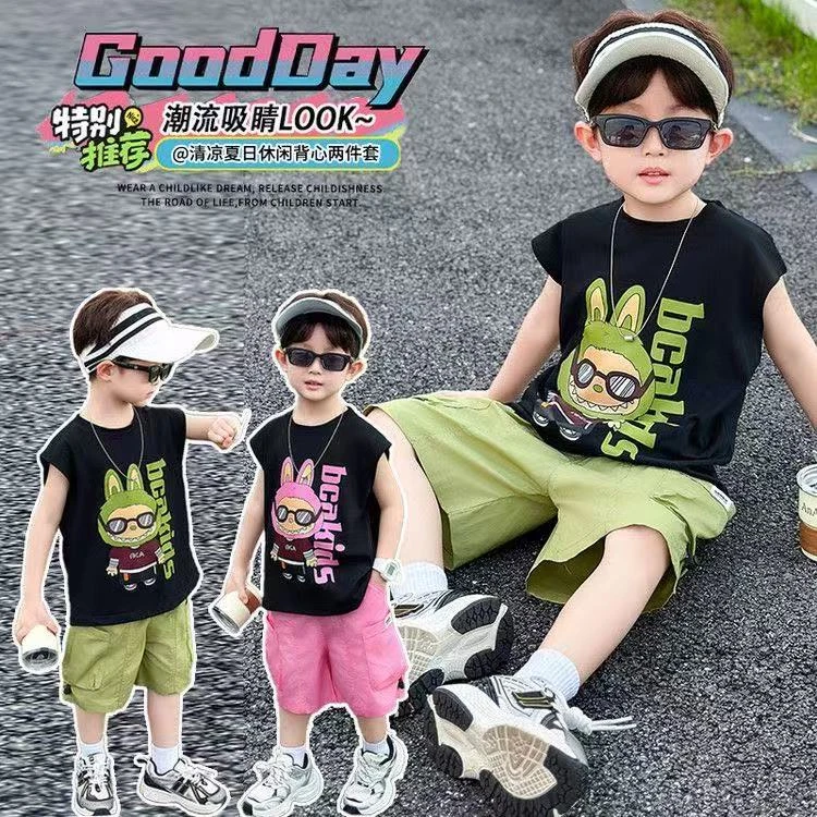 2025新款儿童夏季薄款帅气中大童韩版无袖帅气卡通背心套装9368