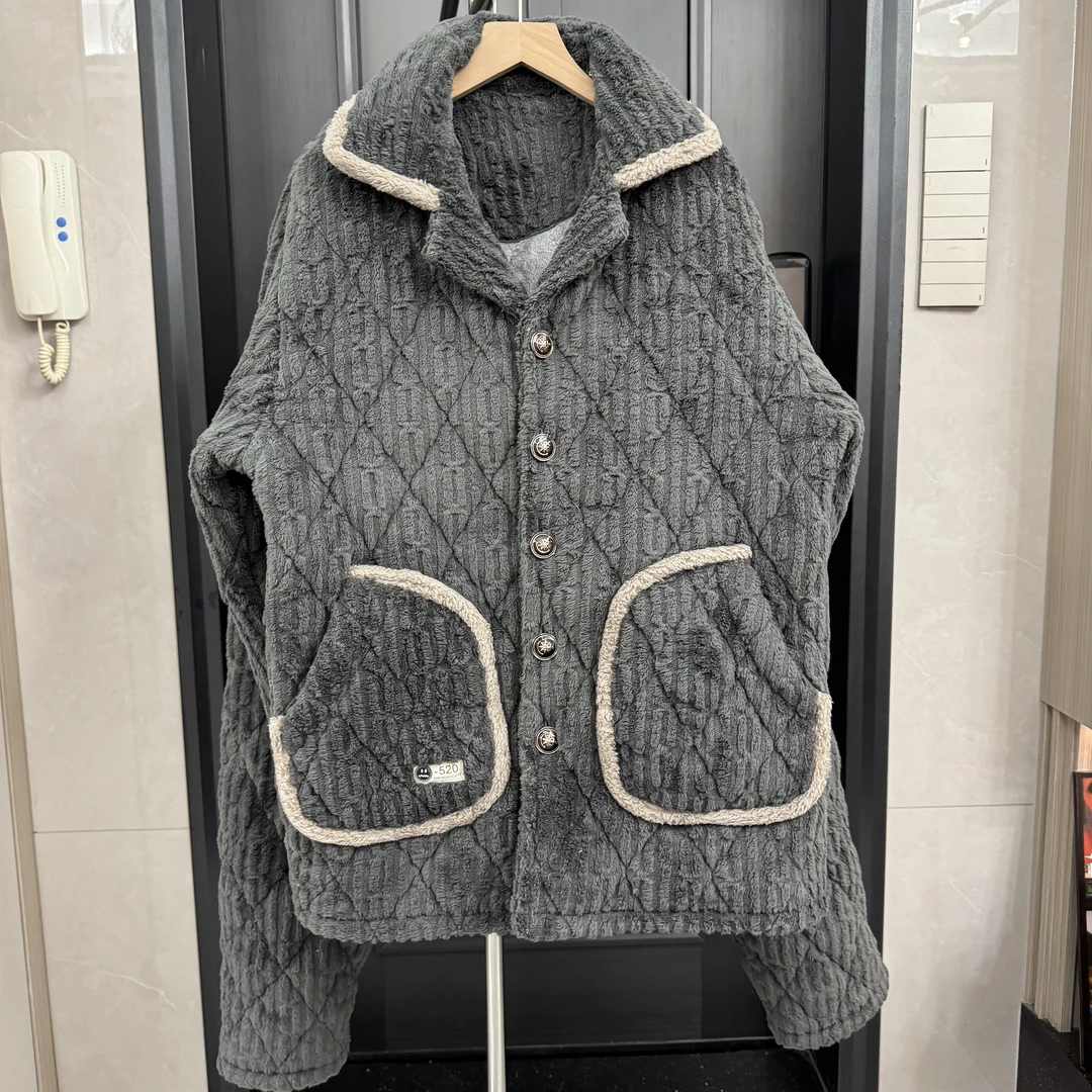 冬季珊瑚绒睡衣男士秋冬款三层夹棉加厚加绒法兰绒保暖家居服套装