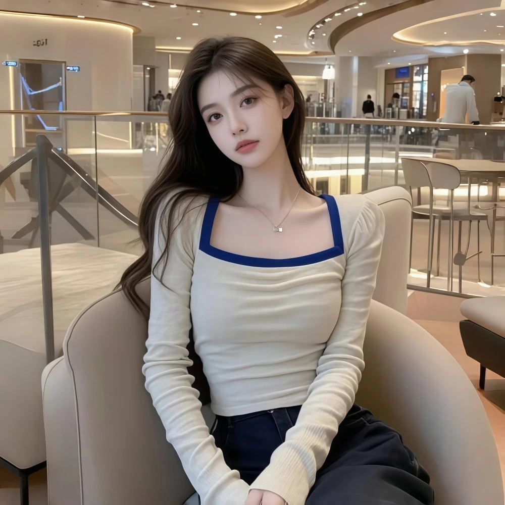 修身显瘦短款上衣女2025新款内搭洋气爆款长袖方领t恤打底衫潮