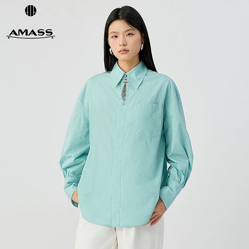 阿玛施AMASS 品质女装百搭重工手工钉珠章仔工艺棉质白衬衫530052