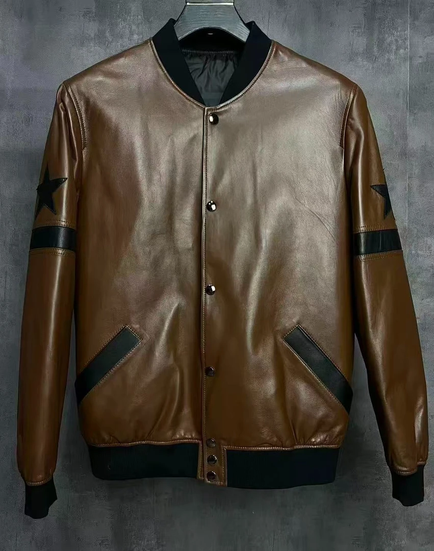 复古棕真皮棒球服潮男机车风皮衣外套