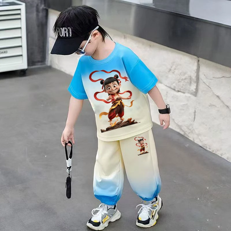 哪吒衣服国风夏季小童女童夏装短袖男童速干儿童运动休闲时尚套装