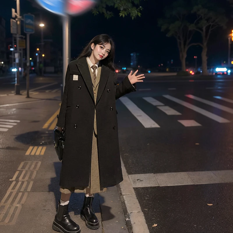 赫本风毛呢大衣女宽松2021韩版新款中长款加厚黑色冬过膝呢子外套