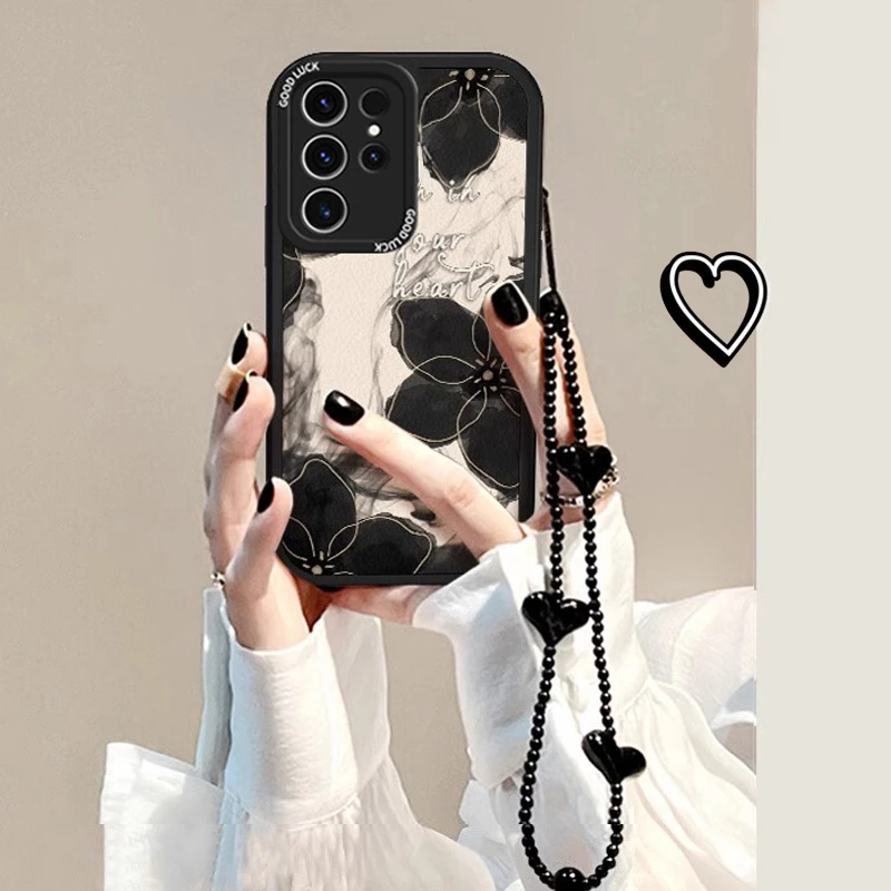 线条黑花适用三星s25ultra手机壳网红小羊皮s24u时尚可爱s23+防摔