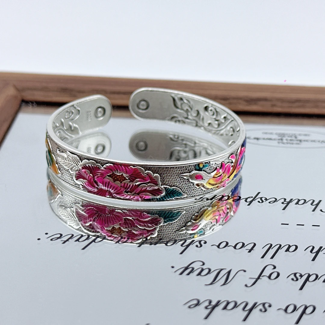 复古新中式手环银9999珐琅鱼戏莲手镯宽版银镯子个性百搭轻奢