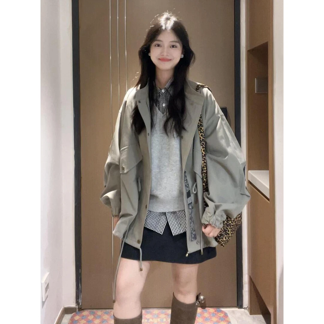 韩国高端拉绳立领风衣女士秋冬季2025新款小夹克短上衣休闲女外套