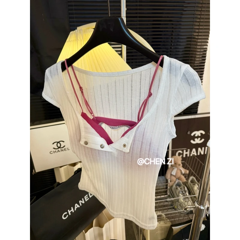 【甜心暗涌】罩衫内搭两件套带胸垫美背辣妹风短袖T恤纽扣短款上衣