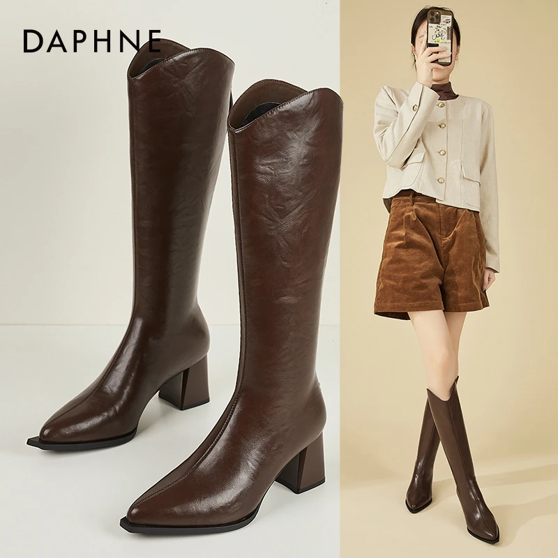 Daphne/达芙妮长靴子女尖头不过膝瘦瘦靴时尚高跟骑士靴高筒靴