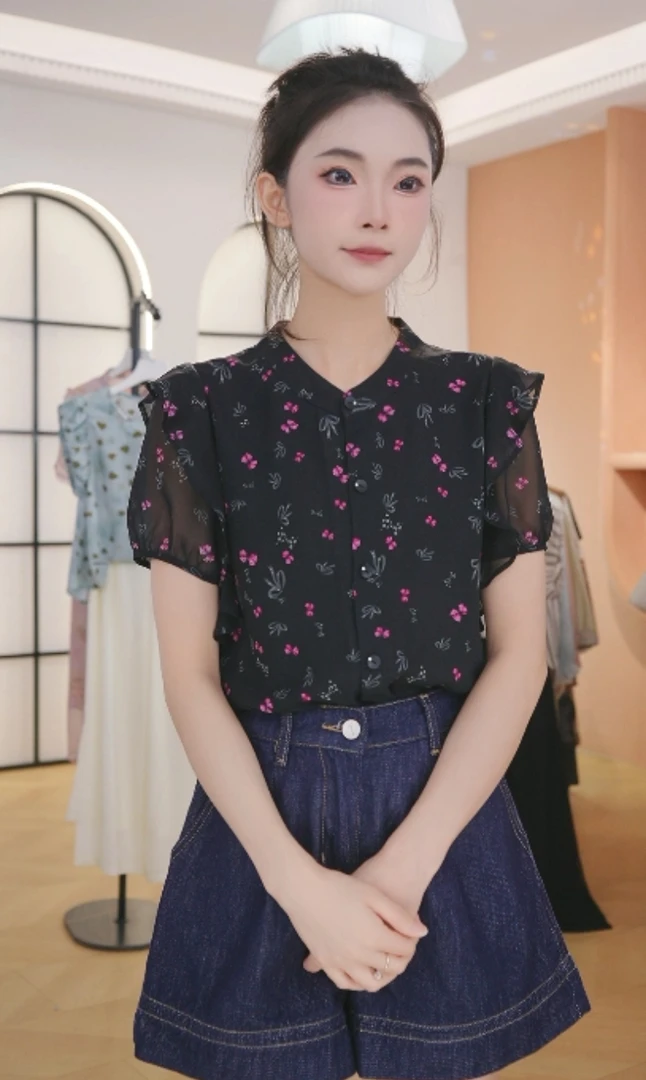 F2993法式宽松简约气质圆领短袖衬衫女夏季独特别致高级感衬衣