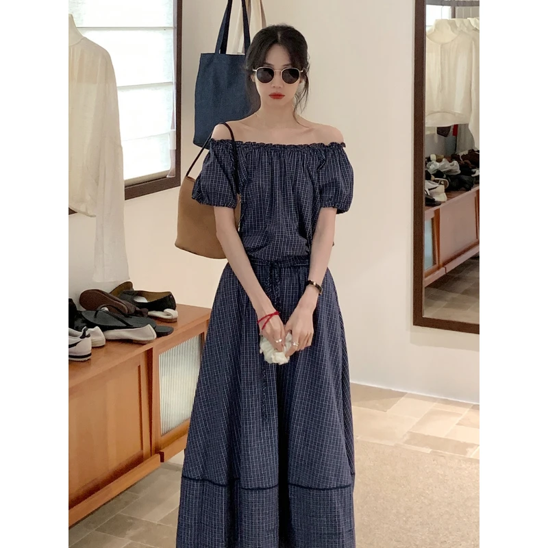 YNVN韩系蓝色格子巨好看的两件套夏装女泡泡袖小衫上衣+a字半身裙