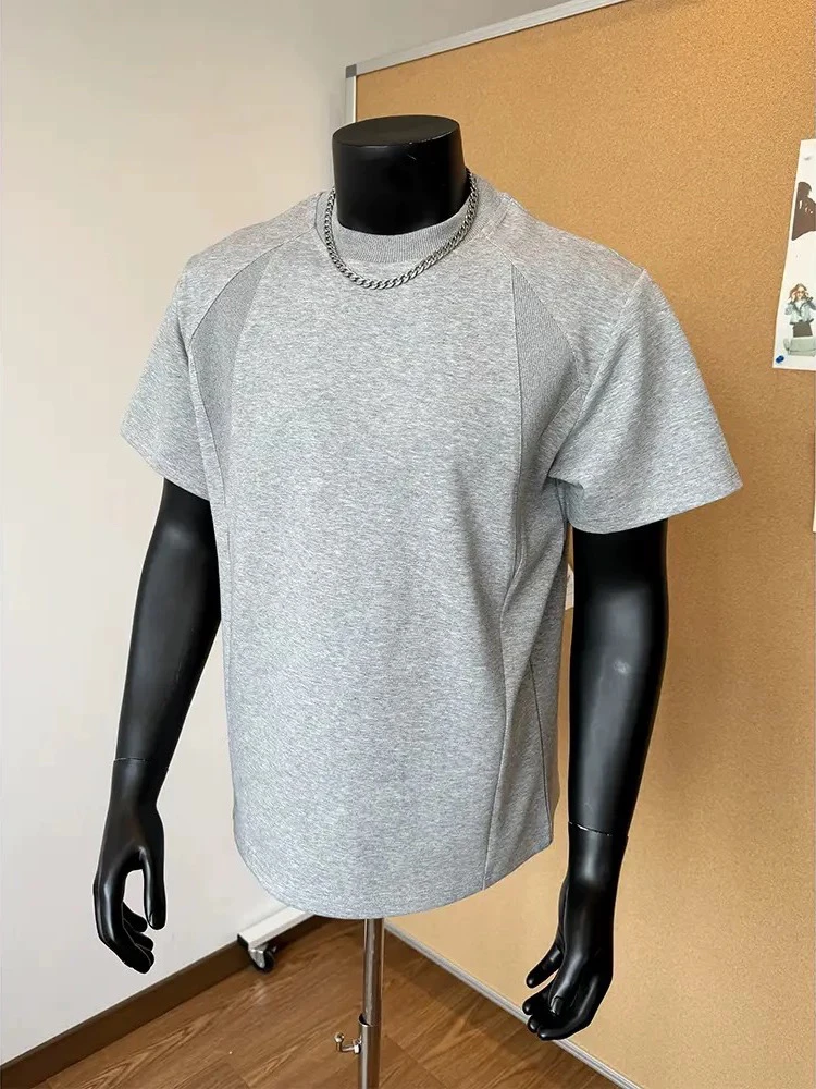 【慌慌】夏季空气棉短袖T恤美式复古螺纹拼接休闲T恤上衣W133