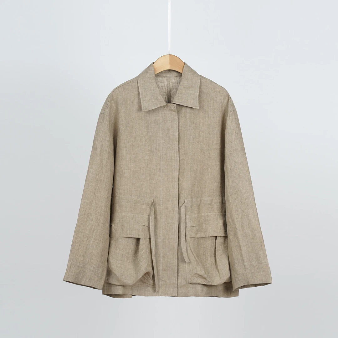 意大利早秋B*C双色纱线100%色织亚麻老钱风女士抽绳外套（251546）