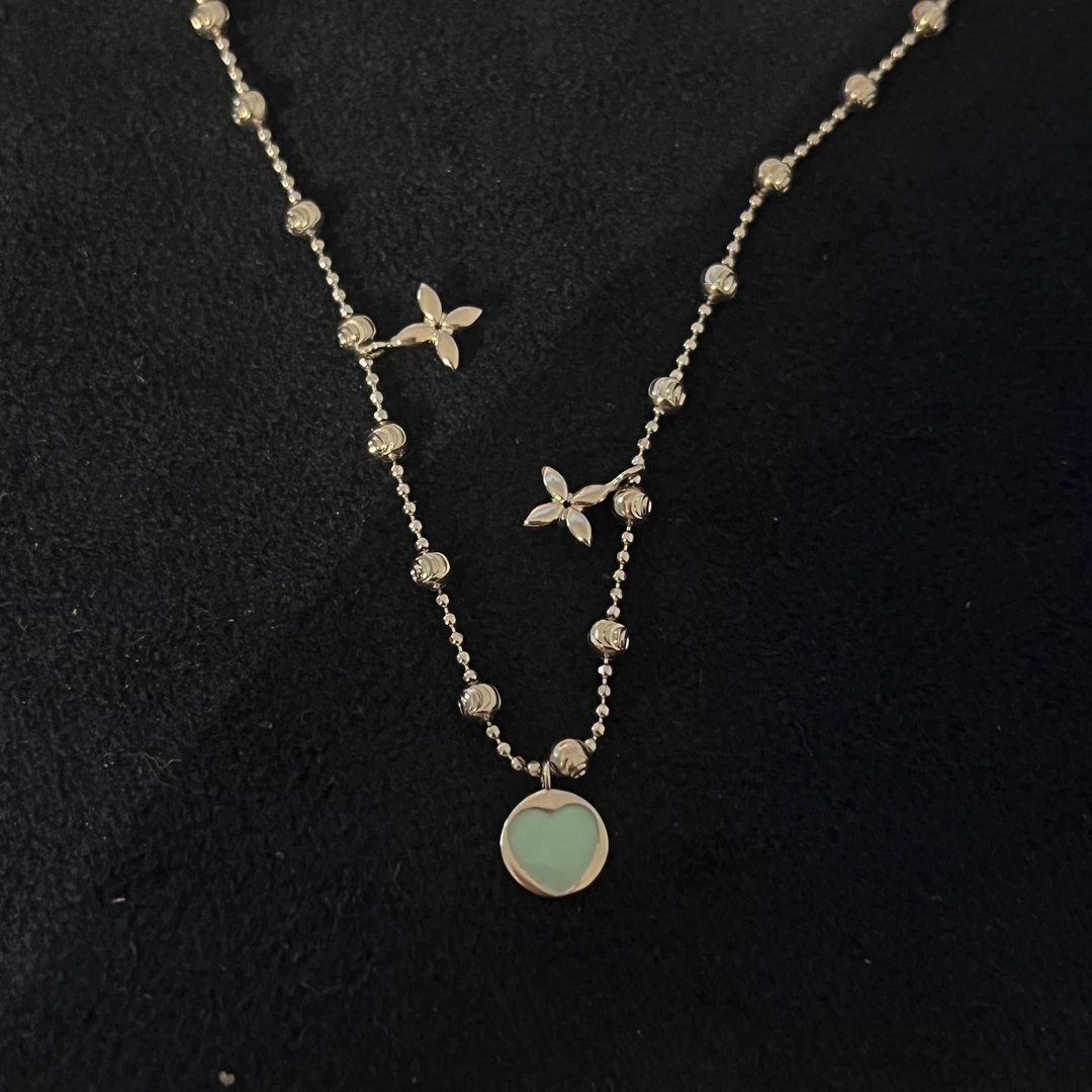 链子925银 N18240 粉蓝双面爱心四芒星月亮珠豆豆项链