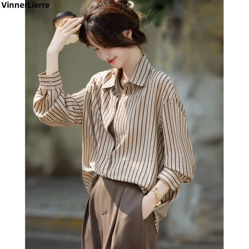 薇妮诺简约条纹衬衫秋季松弛序章翻领小个子长袖衬衣女装上衣
