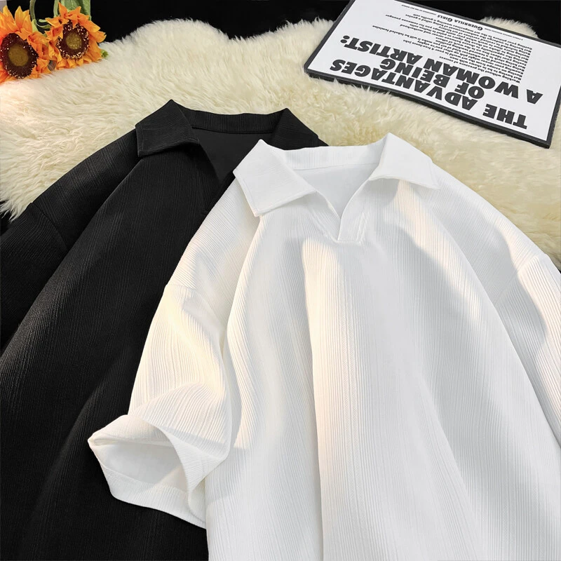 隐匿者2025夏季新款男士翻领短袖港风潮流百搭大码薄款纯色半袖男