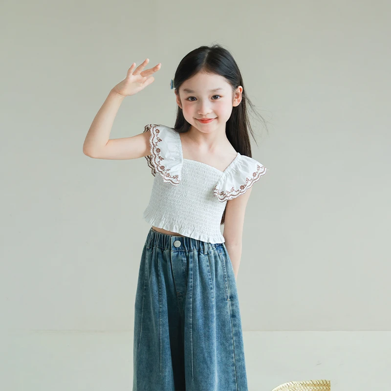 utouto大耳象女童刺绣飞袖打揽小衫2025夏季新款弹力上衣2404294