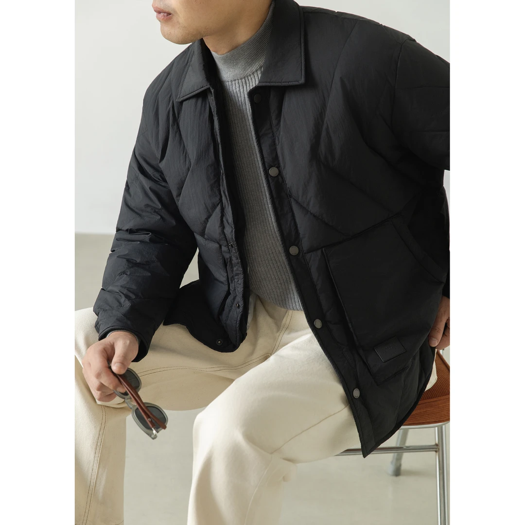 仓石一树秋冬季潮流翻领短款外套男保暖百搭纯色痞帅慵懒风男装