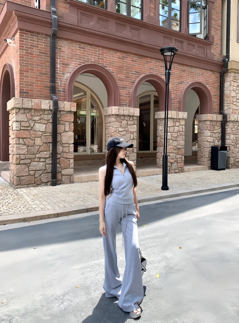 都市喧嚣空气层通勤气质休闲运动套装空气层通勤针织上衣抽绳长裤