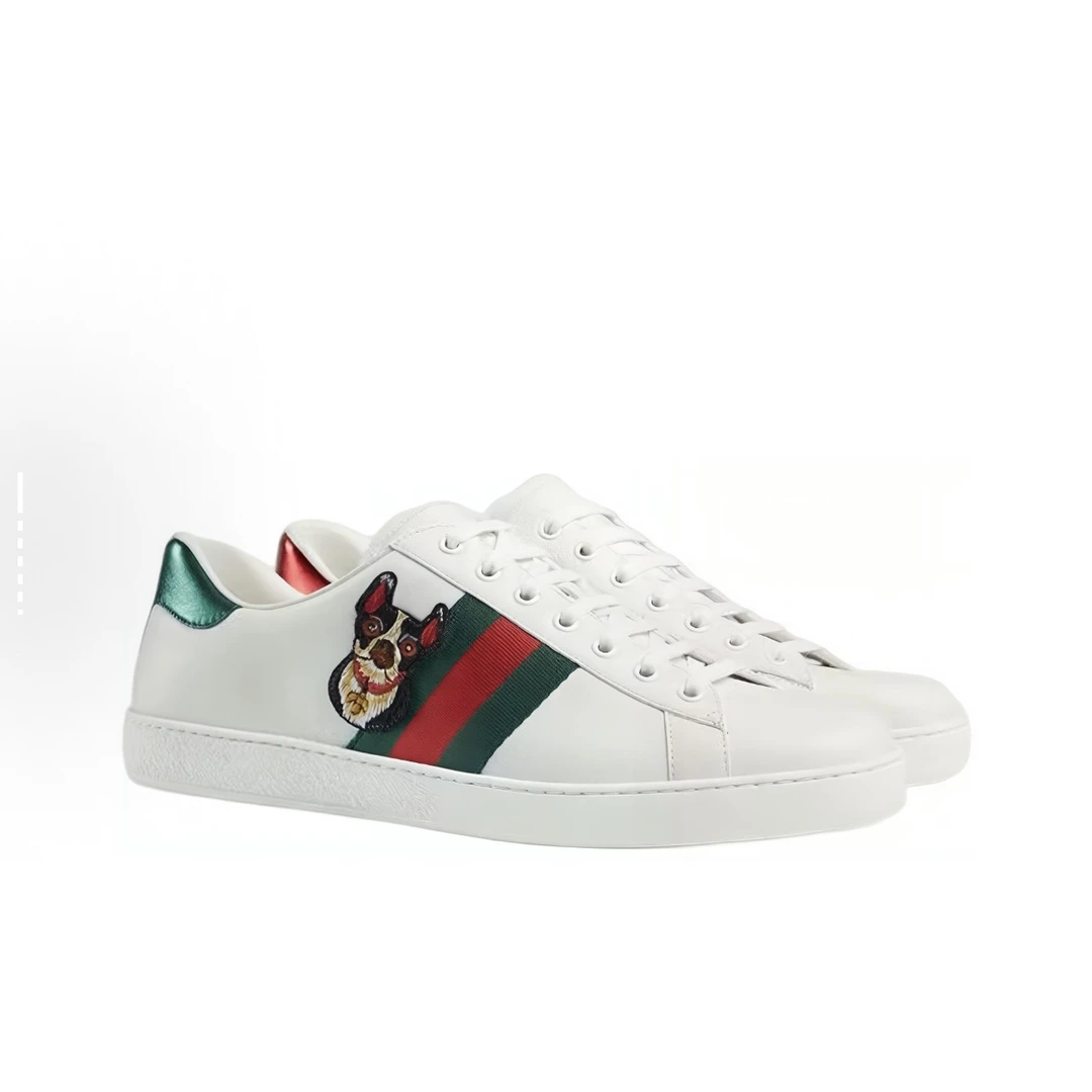 99新 GUCCI/古驰 A028  ACE 皮革 白色法斗刺绣轻微瑕疵
