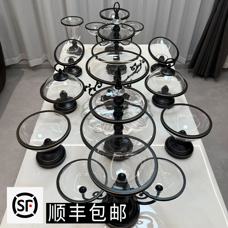 ZG/中歌【新疆包邮】10头18头黑曜玻璃黑扫金果盘透明金属无铅欧式