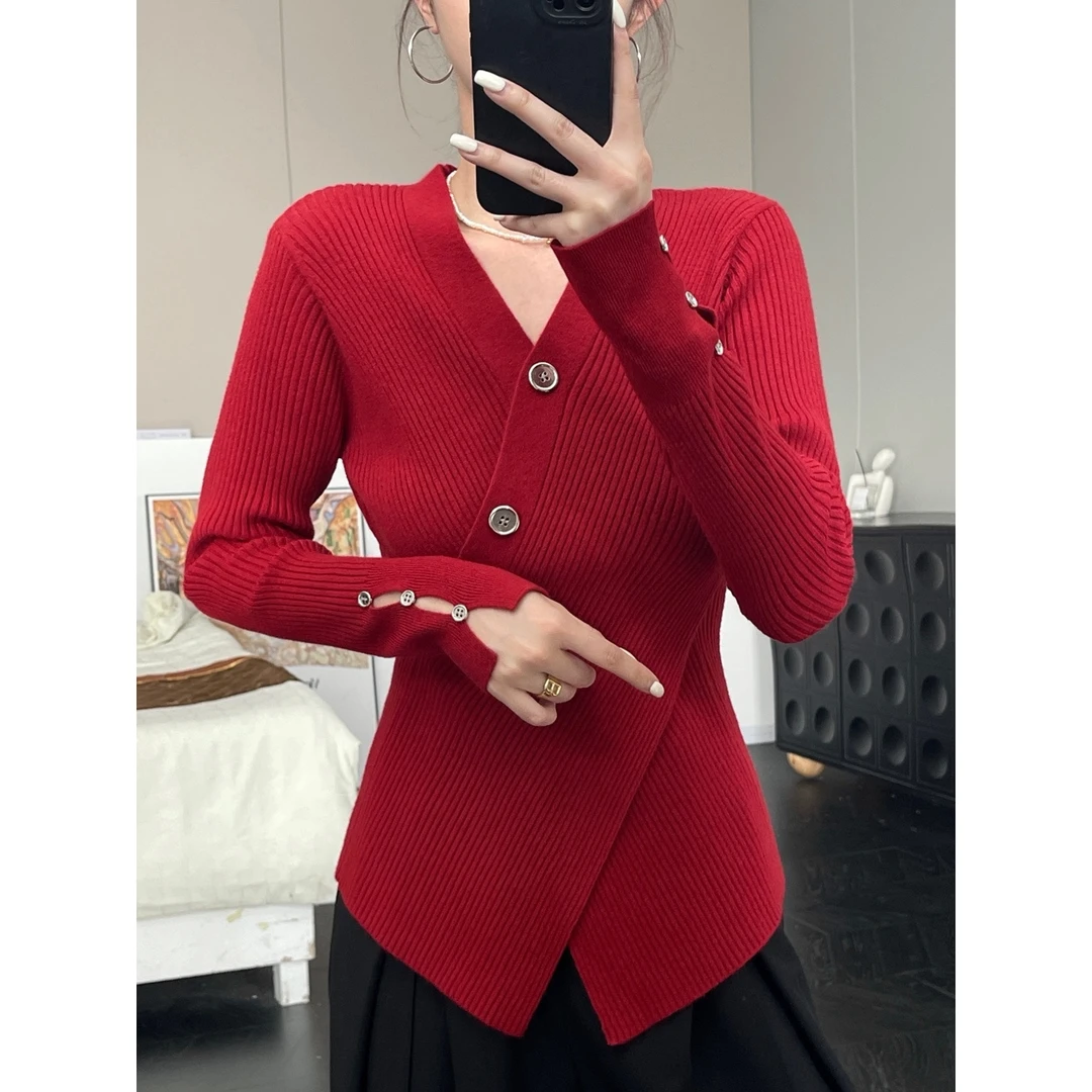 气质百搭显瘦V领长袖毛针织衫女秋冬季修身毛衣女6629