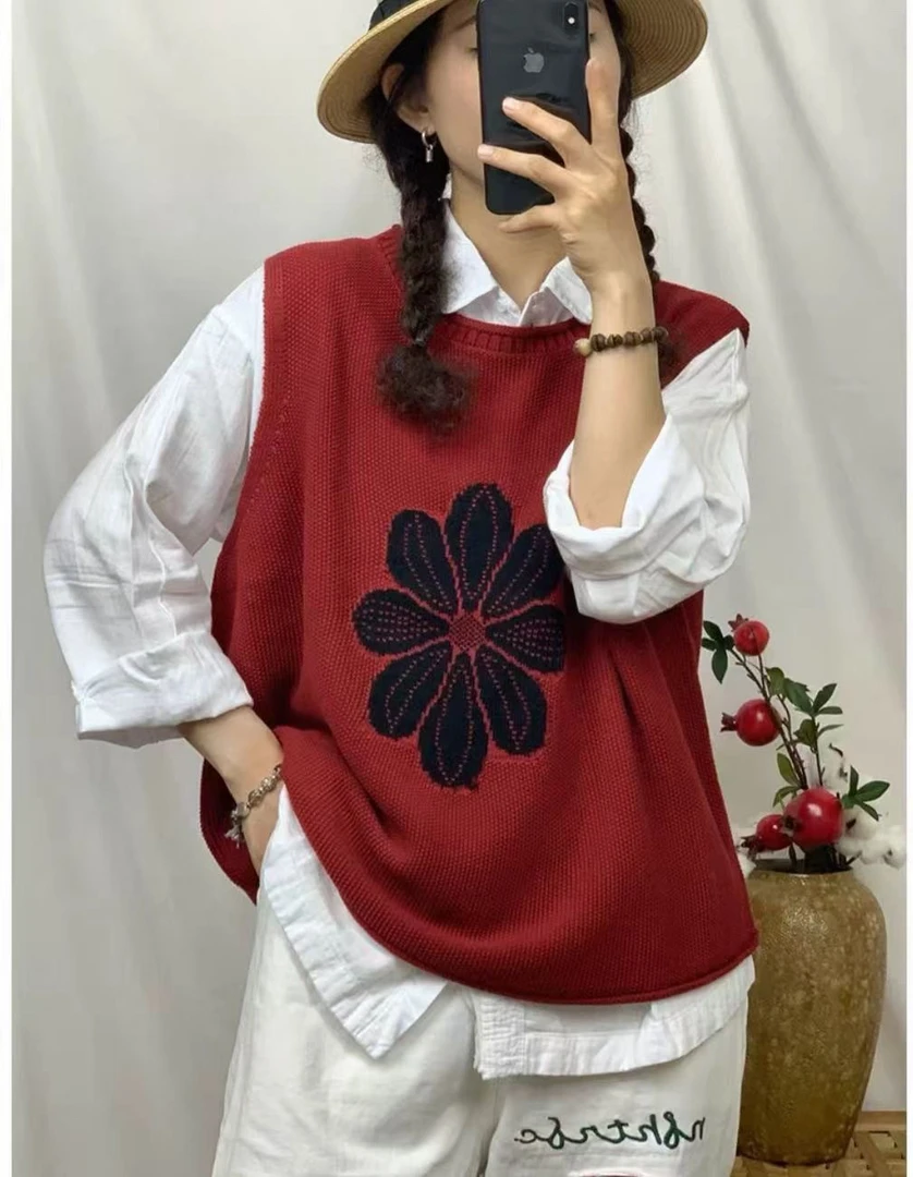 秋季新款复古花朵无袖圆领针织衫休闲百搭显瘦时尚上衣背心