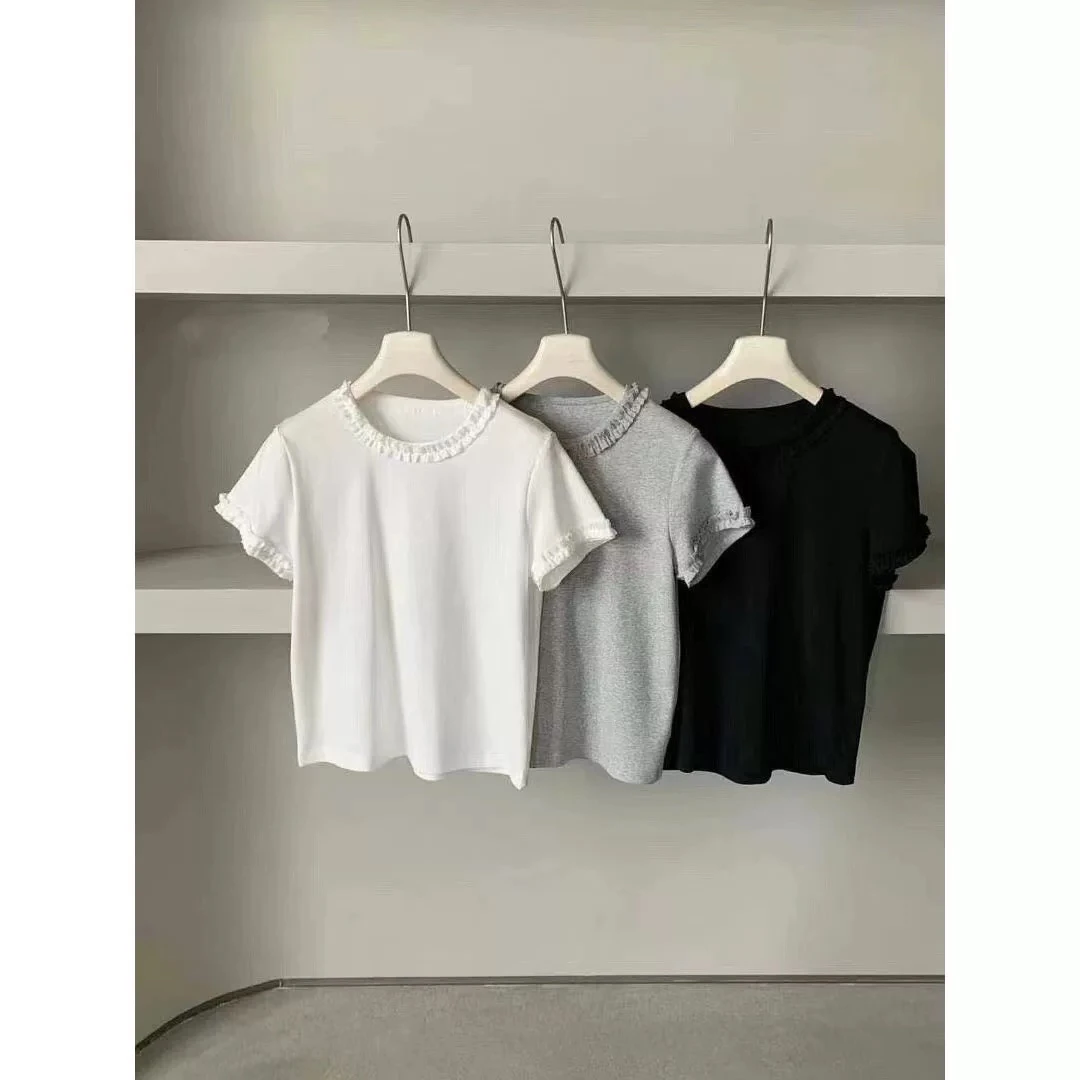 新款韩系休闲百搭拼接花边小设计纯色显瘦短袖T恤
