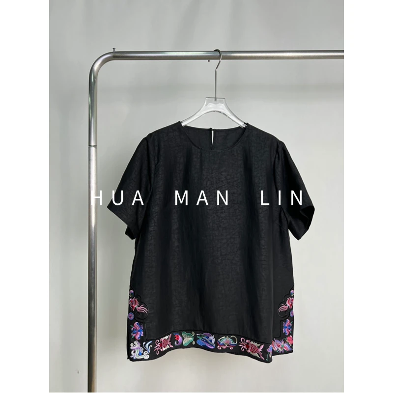 【花滿林】圆领下摆刺绣短袖龟裂纹真丝桑蚕丝上衣257505