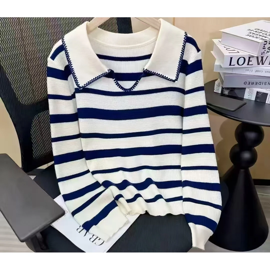女翻领宽松型条纹POLO领针织毛针织衫秋季报纸风长袖百搭时尚