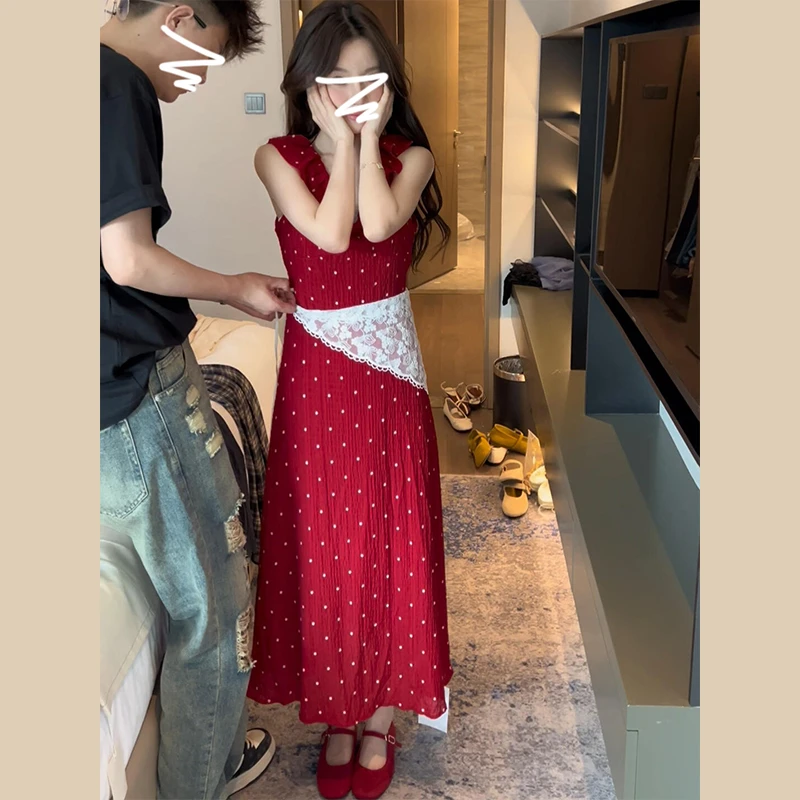 红色波点吊带连衣裙子女夏季2025新款小个子财阀千金女装掐腰长裙