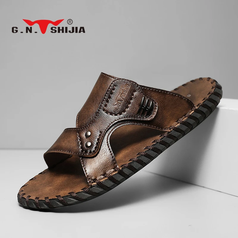 公牛世家拖鞋男款夏季外穿防滑爸爸皮凉鞋男士户外耐磨软底沙滩鞋