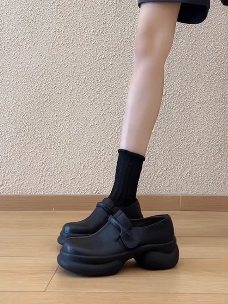 软皮版~软皮英伦厚底增高圆头魔术贴乐福鞋女复古黑色小皮鞋单鞋