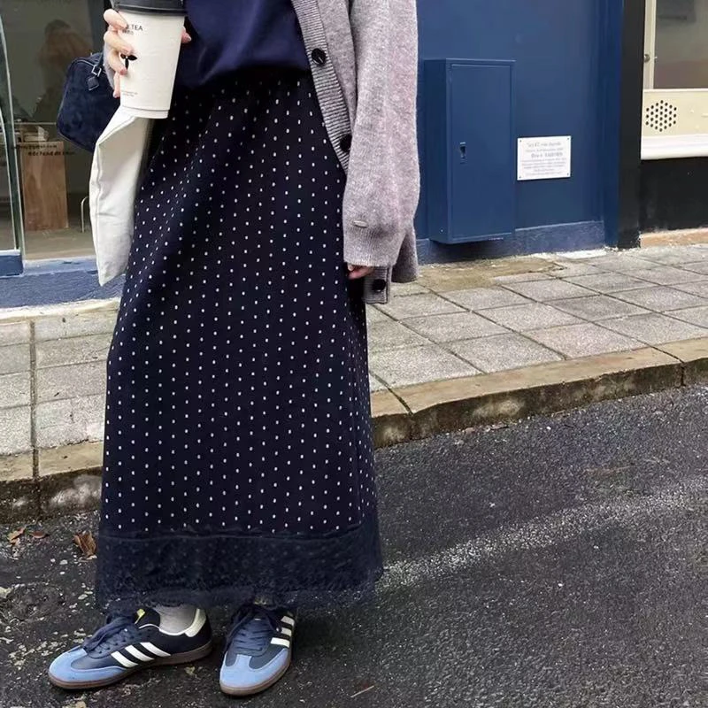 法式蕾丝波点半身裙中长款开叉直筒a字裙