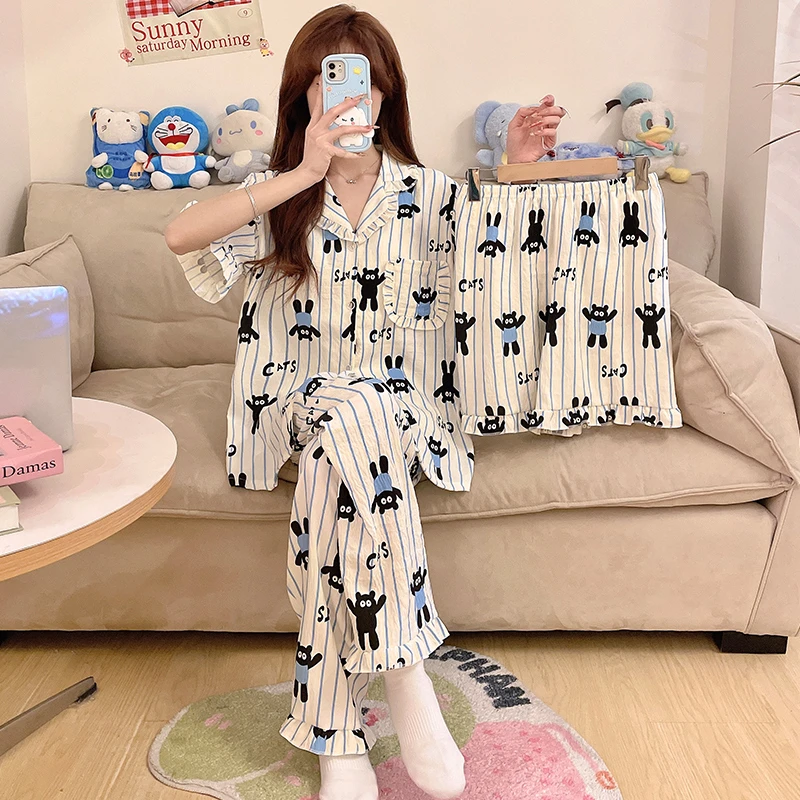 三件套带胸垫睡衣女夏季短袖短裤长裤云朵棉卡通甜美家居服 5343