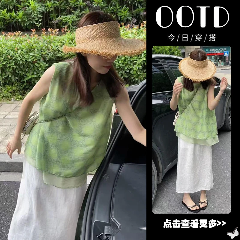 超火夏季穿搭一整套2025新款绿色新中式无袖衬衫高腰半身裙两件套