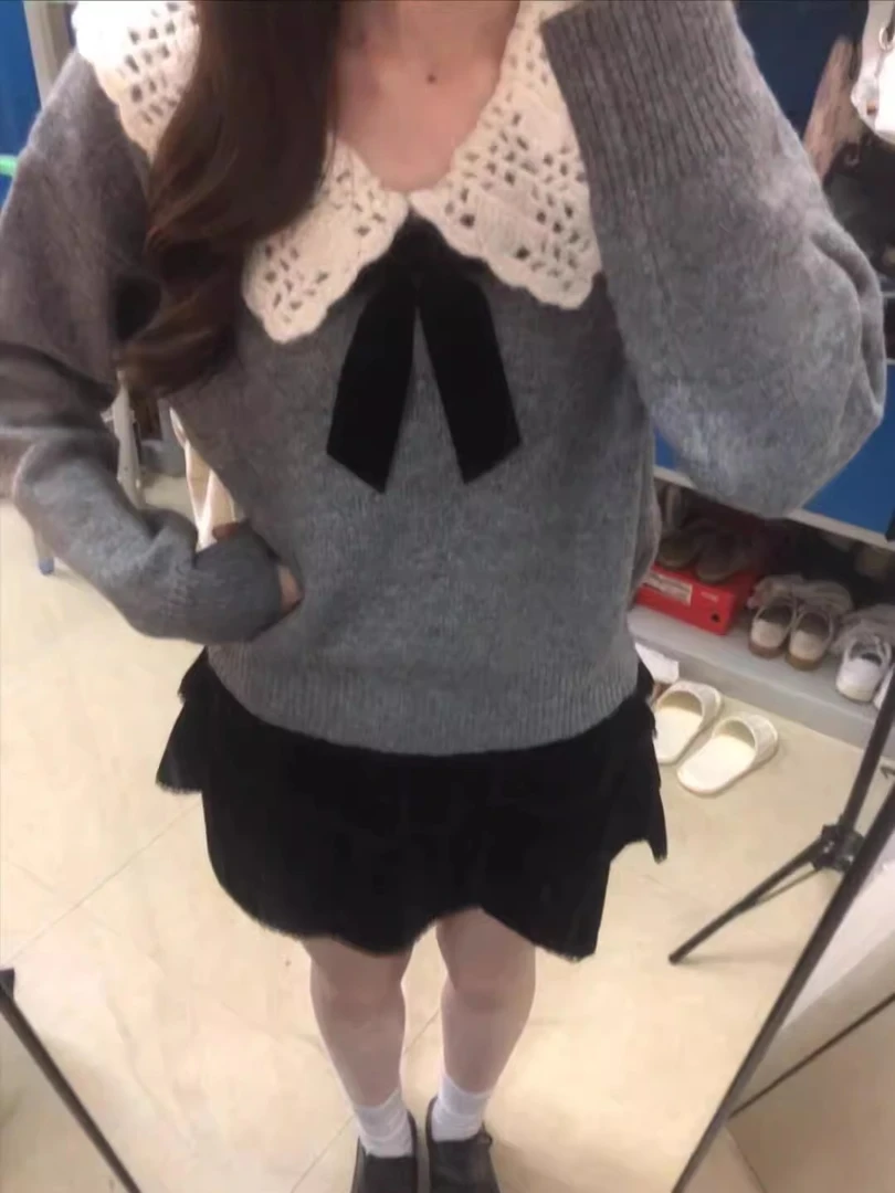 灰色娃娃领甜美蝴蝶结针织衫女2025秋冬季新款宽松小众毛衣上衣厚