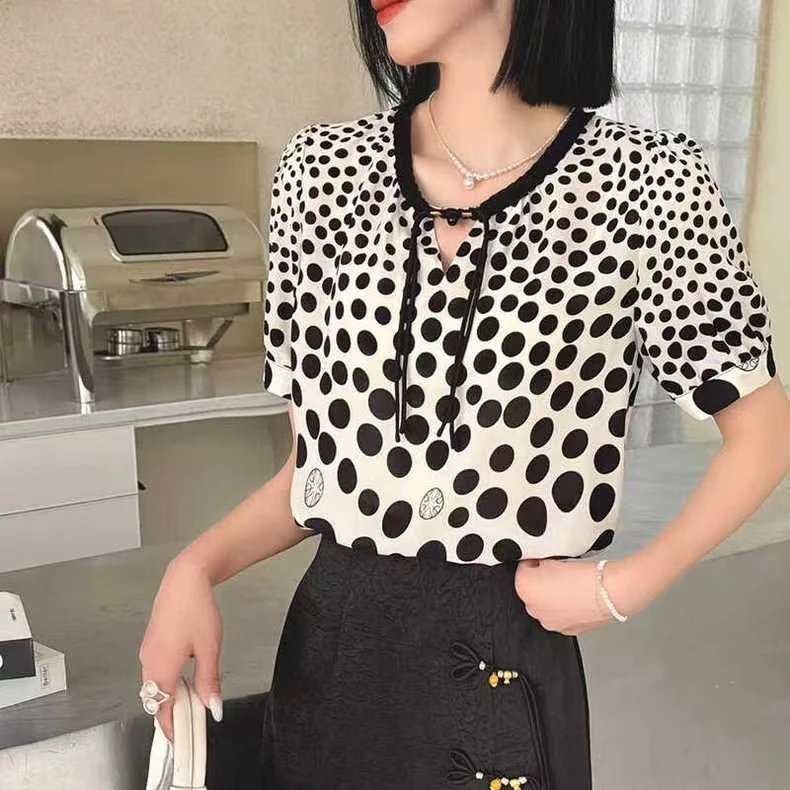 早夏新款波点小衫显瘦设计感印花洋气减龄短袖上衣