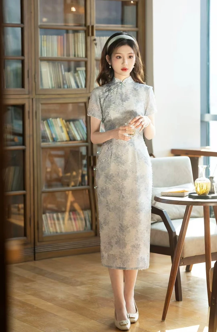 （蓝色剪花）包臀裙提花包袖日常滚边斜襟旗袍时尚中式法式优雅