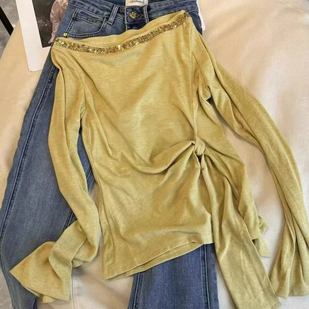 韩系黄色长袖T恤打底衫女春季chic设计感不规则系带亮片上衣