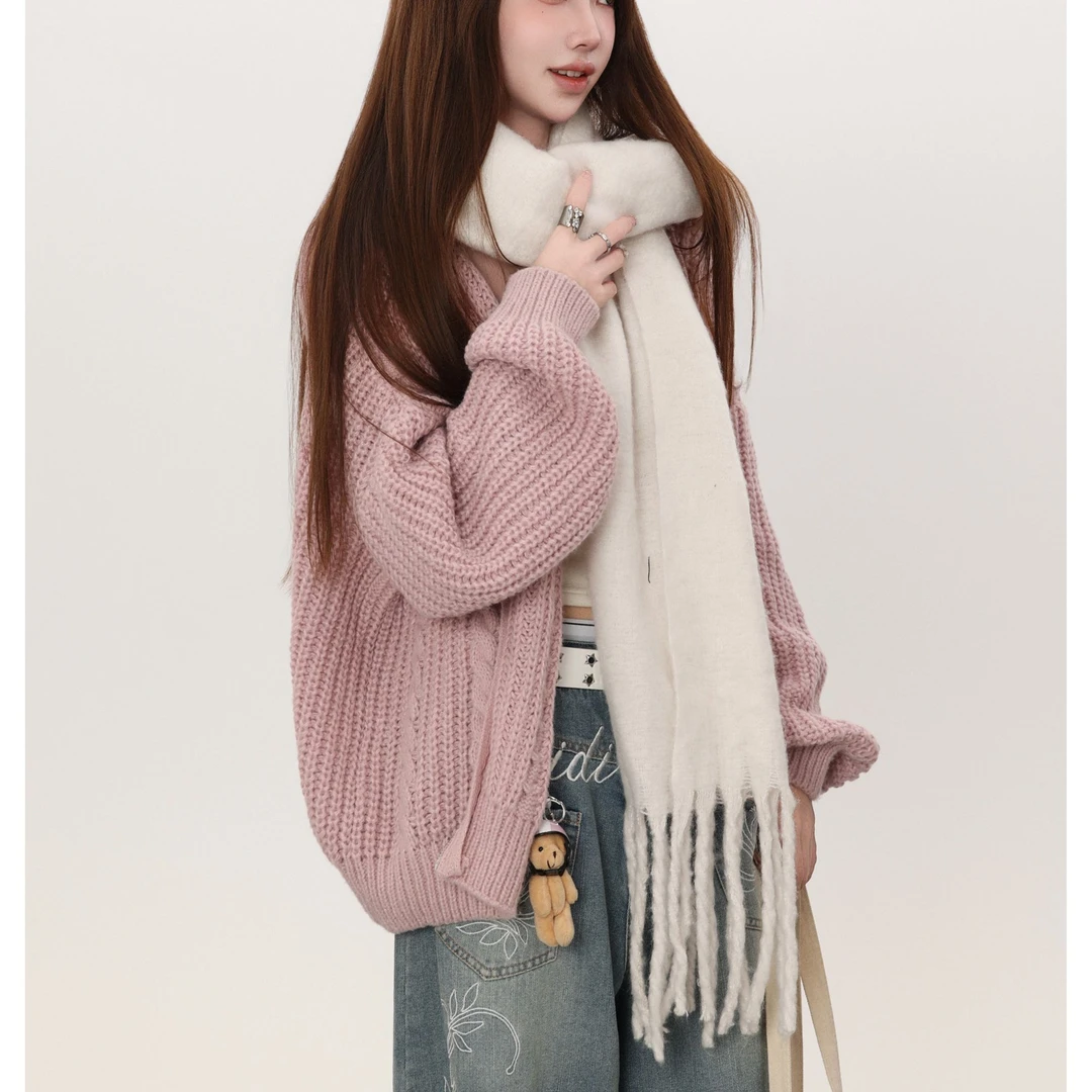 2025秋美式慵懒休闲连帽针织衫毛衣男女时髦多巴胺帽衫外套宽松潮