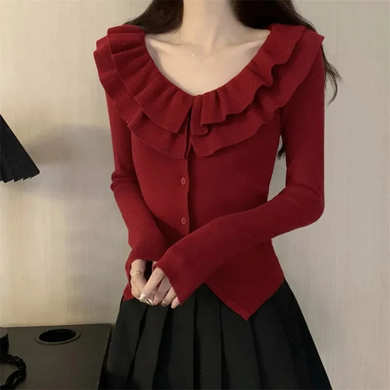 法式针织开衫V领长袖短款新款荷叶边修身毛衣打底气质红色上衣