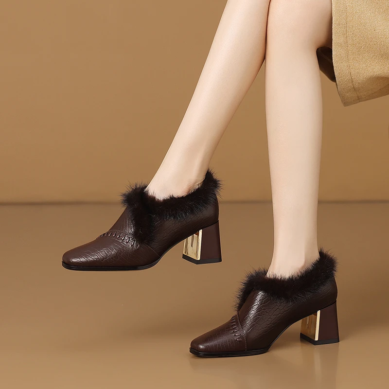 6.5cm秋冬粗跟单鞋女新款真皮方头深口毛毛鞋子加绒复古高跟鞋