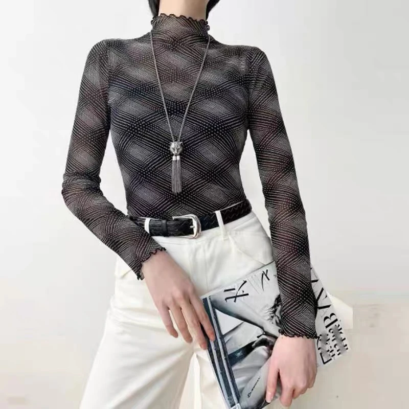 2024春秋格子网纱纱衣木耳领打底衫T恤1300655