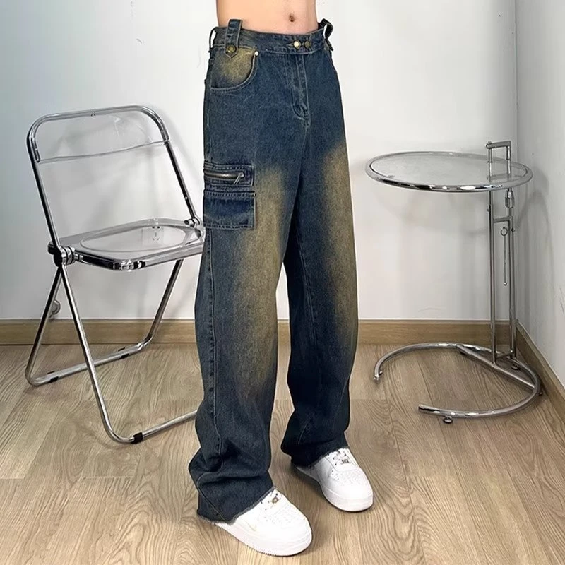 百搭水洗做旧牛仔裤美式高街复古宽松阔腿裤潮牌痞帅男控