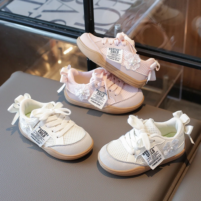 宝宝童鞋儿童板鞋女童韩版时尚休闲鞋花朵透气网布公主鞋德迅鞋