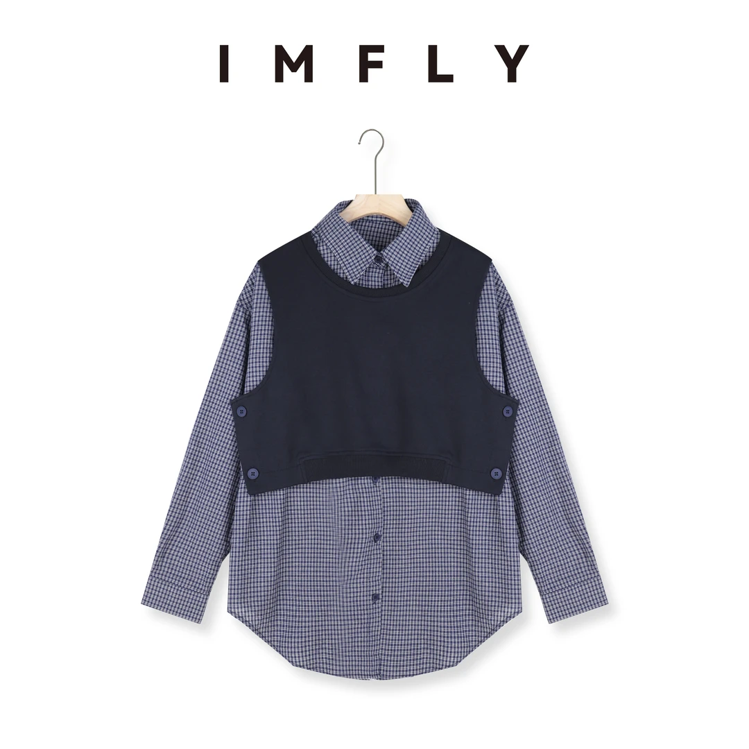 IMFLY金小金自制 两件套衬衫DYW8353针织背心+格纹长袖衬衫女春季