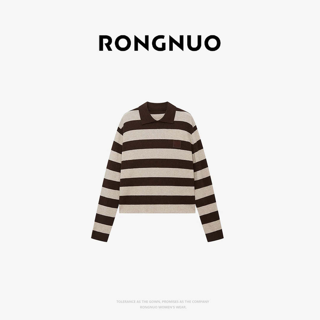 容诺【毛针织衫】2025冬新款美拉德风条纹翻领长袖上衣女Z8336