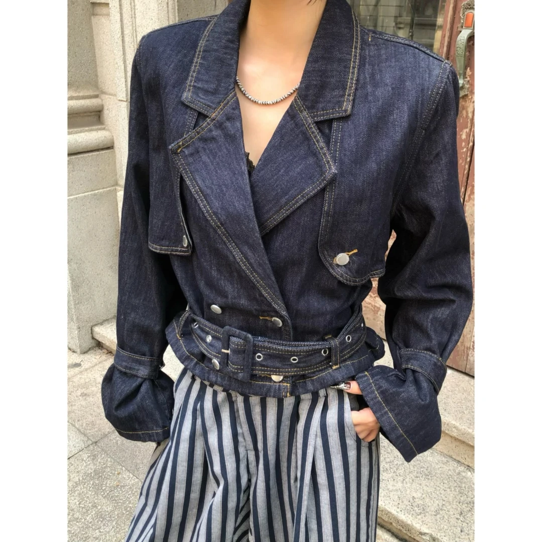 复古风衣ins风短外套西装翻领双排扣收腰显瘦气质高级感牛仔上衣